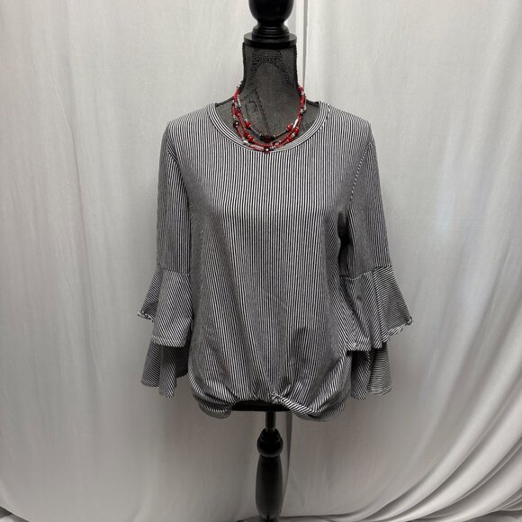 Bold Elements Bell Sleeve Top Womens Size XL Black White Striped Twist Hem Boho - Picture 1 of 8